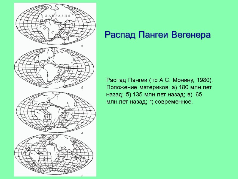 Распад Пангеи (по А.С. Монину, 1980). Положение материков; а) 180 млн.лет назад; б) 135